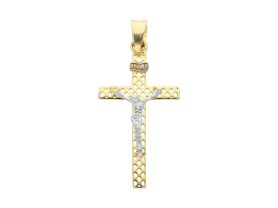 Bijuterii aur online - Cruciulita cu Iisus - aur pur 14K, culoare aur galben si alb